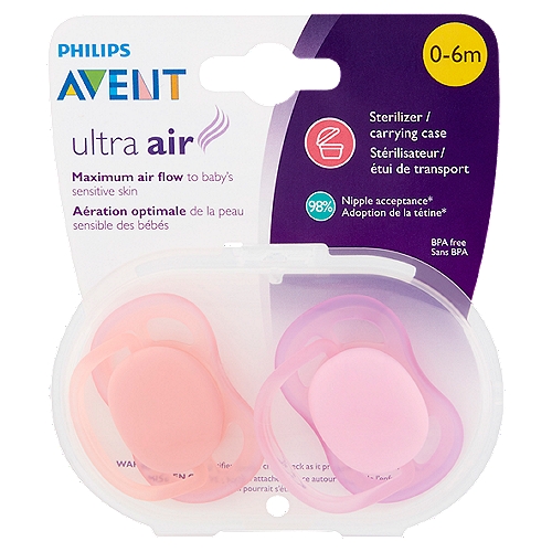 Philips Avent Ultra Air Orthodontic Pacifiers, 0-6 m, 2 count
98% Nipple acceptance*
*2016-2017 US consumer tests show an average of 98% acceptance of the textured nipple used in our ultra air and ultra soft pacifiers. Meets CPSC safety requirements.