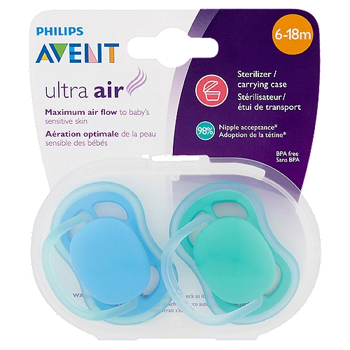 Philips Avent Ultra Air Orthodontic Pacifiers, 6-18 m, 2 count
98% Nipple acceptance*
*2016-2017 US consumer tests show an average of 98% acceptance of the textured nipple used in our ultra air and ultra soft pacifiers. Meets CPSC safety requirements.