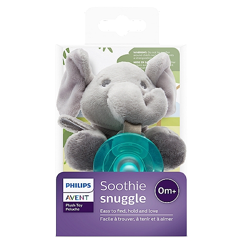 Philips Avent Elephant Soothie Snuggle, 0m+
Soothie and plush toy detach for easier cleaning and part replacement.
Plush toy helps keep soothie in baby's mouth and makes it easy for baby and parents to find.