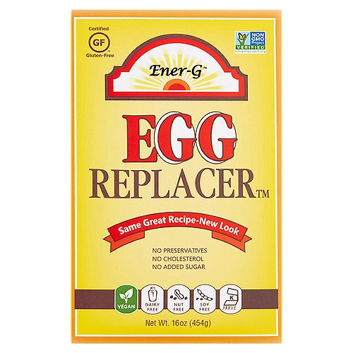 Ener-G Egg Replacer, 16 oz
Ener-G Egg Replacer greatly simplifies baking for people who cannot use eggs. Ener-G Egg Replacer contains No Eggs or Egg Derivatives. It is not nutritionally the same as eggs.

Uses
Ener-G Egg Replacer is designed for use on baking. It works best in scratch recipes. It will not make scrambled eggs, nor can it be whipped. Although it will work well in some premade commercial mixes, it does not work well in others.
Trial and error is the only way to determine its effectiveness with a particular mix. Egg Replacer mimics what eggs do in a baking recipe. It is important to put the batter or dough quickly into a preheated oven to ensure proper action as a delay will reduce the effectiveness of this product. With yeast raised products there is no need to get products containing egg replacer into the oven quickly.