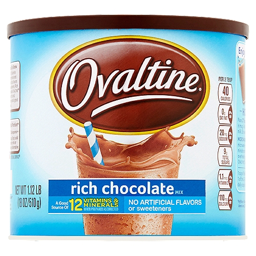Ovaltine Rich Chocolate Drink Mix, 1.12 lb
Good to Know
Within 12 vitamins and minerals and no artificial flavors or sweeteners, Rich Chocolate Ovaltine® tastes rich and creamy and is good for you.

Good Question
How can Rich Chocolate Ovaltine® taste great and be good for you?

Good to Remember
Rich Chocolate Ovaltine® also makes a great addition to smoothies, baked goods or sprinkled over ice cream for a chocolatey dessert!