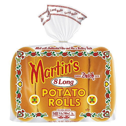 Martin's Long Potato Rolls, 8 count, 15 oz
The Taste is Golden®

What Makes the Perfect Roll?
• Soft and tastes great ☑
• No high fructose corn syrup ☑
• No artificial dyes ☑
• No trans fats ☑
• Non-GMO* ☑
*We source non-GMO ingredients.
