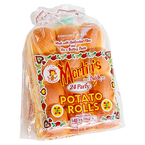 Martin's Party Potato Rolls, 15 oz, 24 count
Potato Rolls and Bread

The Taste is Golden®

What Makes the Perfect Roll?
• Soft and tastes great ✓
• No high fructose corn syrup ✓
• No artificial dyes ✓
• No trans fats ✓
• Non-GMO* ✓
*We source non-GMO ingredients.