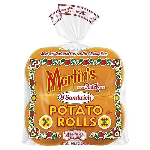 Martin's Sandwich Potato Rolls, 8 count, 15 oz
The Taste is Golden®

What Makes the Perfect Roll?
• Soft and tastes great ☑
• No high fructose corn syrup ☑
• No artificial dyes ☑
• No trans fats ☑
• Non-GMO* ☑
*We source non-GMO ingredients.