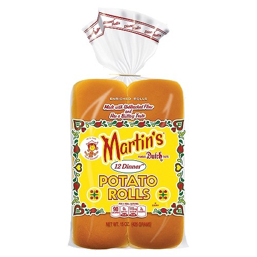 Martin's Dinner Potato Rolls, 15 oz, 12 count
The Taste is Golden®

We use high Protein Unbleached wheat Flour, Real Milk, Pure Cane Sugar, and Real Butter.
☑ No artificial dyes
☑ No soy
☑ No tree nuts or peanuts
☑ No high fructose corn syrup
We source non-GMO ingredients.