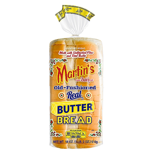 Martin's Old-Fashioned Real Butter Bread, 18 oz
What makes the perfect bread?
• Soft and tastes great
• No high fructose corn syrup
• No artificial dyes
• No trans fats
• NOn-GMO*
*We source non-GMO ingredients.

High quality ingredients = Great tasting rolls and bread!