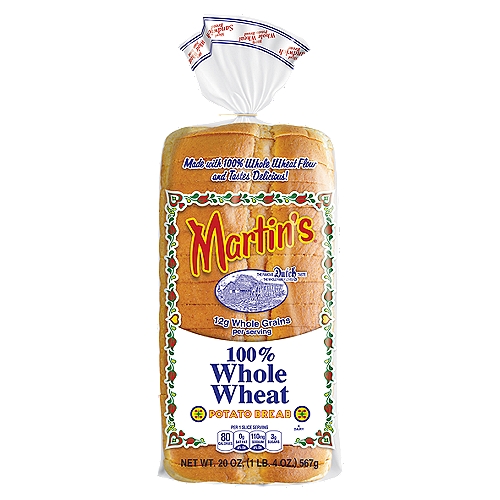 Martin's 100% Whole Wheat Potato Bread, 20 oz
Made from 100% stone-ground whole wheat flour, together with the signature buttery taste of our potato rolls, Martin's 100% Whole Wheat Potato Bread will please even the toughest critics!
With 12 grams of whole grains per serving, Martin's 100% Whole Wheat Potato Bread is a great option for all types of meals.
Start your day with a boost of energy by enjoying a slice of toast with an omelet or fresh fruit. Enjoy a midday power lunch with a protein-packed sandwich. Need a snack? A slice of Martin's Whole Wheat Potato Bread with peanut butter and bananas (or your favorite topping) is perfect! The possibilities are endless!