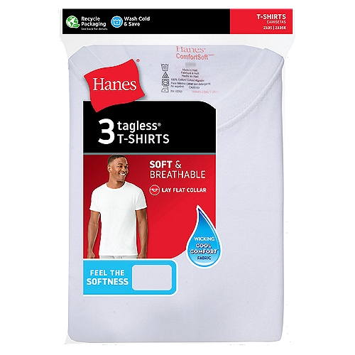 Hanes ComfortSoft Soft & Breathable White Tagless T-Shirts, 3 count
Wicking Cool Comfort® Fabric
