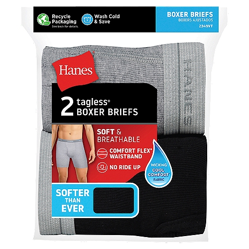 Hanes Black & Grey Tagless Boxer Briefs, XL, 2 count