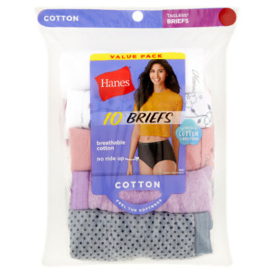 Hanes Ladies Cotton Tagless Briefs Value Pack, Assorted, Size 6, 10 count