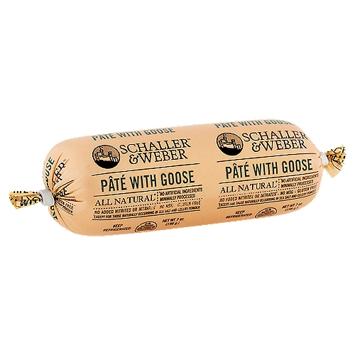 Schaller & Weber Pâté with Goose, 7 oz
All Natural*
*No Artificial Ingredients Minimally Processed

No Added Nitrites or Nitrates†
†Except for those Naturally Occurring in Sea Salt and Celery Powder