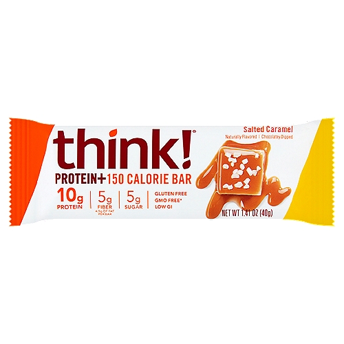Think! Salted Caramel Protein+150 Calorie Bar, 1.41 oz
GMO free*
*All ingredients have been produced without genetic engineering.

No artificial sweeteners▪
▪Does not contain sucralose, saccharin, aspartame, acesulfame potassium, neotame, or advantame.