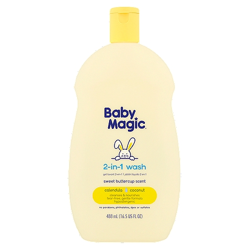Baby Magic Calendula & Coconut Sweet Buttercup Scent 2-in-1 Wash, 16.5 fl oz
Get your sweet buttercup clean from the top to bottom with 2-in-1 wash. Formulated with your delicate baby in mind, our tear-free and sulfate-free formula is enriched with nourishing calendula oil and coconut oil to leave your baby feeling clean and soft.