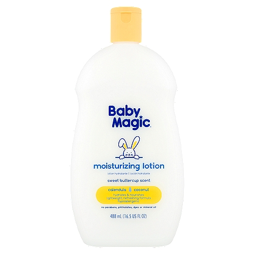 Baby Magic Sweet Buttercup Scent Moisturizing Lotion, 16.5 fl oz
Nothing is sweeter than babies' soft cuddles, so it is important to maintain moisture in their skin. Our moisturizing lotion is enriched with nourishing calendula oil, hydrating coconut oil and soothing aloe to help seal-in moisture so your sweet buttercup can have soft, healthy skin.