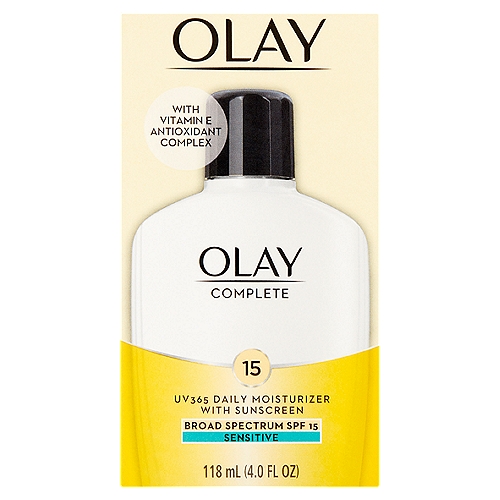 Olay Complete Broad Spectrum Sensitive UV365 Daily Moisturizer with Sunscreen, SPF 15, 4.0 fl oz
Beautiful skin starts with hydration and sun protection.

What It Does:
• Helps prevent premature skin damage with broad spectrum SPF UVA/UVB sunscreen
• Conditions skin surface
• Provides 8 hours of hydration
• Result healthy-looking, beautiful skin

How It Works:
• Complete UV365 Daily Moisturizer with Sunscreen helps protect skin surface from damaging UVA/UVB rays while the vitamin E antioxidant complex helps fight surface free radicals.

Uses
• helps prevent sunburn
• if used as directed with other sun protection measures (see Directions), decreases the risk of skin cancer and early skin aging caused by the sun

Drug Facts
Active ingredients - Purpose
Octinoxate 6%, Zinc oxide 3% - Sunscreen