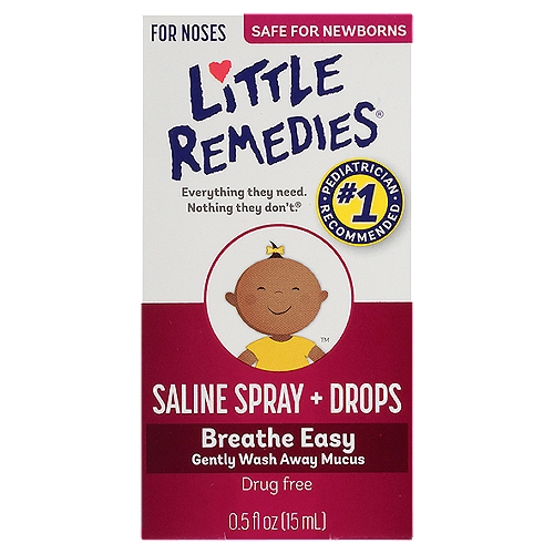 Little Remedies Breathe Easy Saline Spray + Drops, 0.5 fl oz
Everything they need. Nothing they don't.®

This drug-free product helps loosen mucus secretions to aid removal from the nose and sinuses, helping little ones breathe easier. This product is non-medicated and can be used as often as needed without the worry of any harmful side effects or drug interactions.