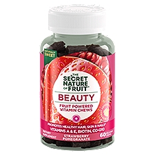 The Secret nature of Fruit Beauty Chews, Real Fruit Powered Vitamin Chews with Vitamins A & E, Biotin, CoQ10, Strawberry & Pomegranate for Healthy Hair, Skin & Nails, Gummy, (60 Count)