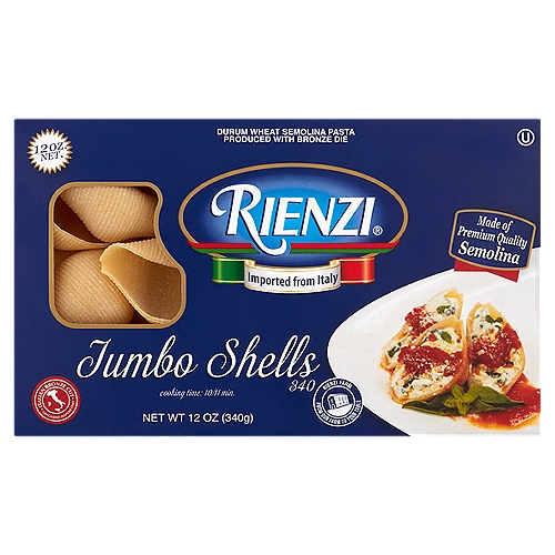 RIENZI Jumbo Shells 340 Pasta, 12 oz
Durum Wheat Semolina Pasta Produced with Bronze Die