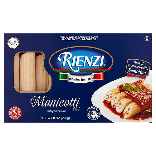 RIENZI Manicotti 226 Pasta, 8 oz
Durum Wheat Semolina Pasta