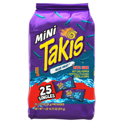 Takis Blue Heat Mini 25 pc / 1.23 oz Bite Size Multipack, Hot Chili Pepper Rolled Tortilla Chips