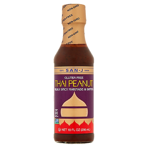 San-J Thai Peanut Mildly Spicy Marinade & Dipping Sauce, 10 fl oz
Create your own chicken satay with the rich taste on San-J Thai Peanut Sauce. Marinate chicken strips, then thread on skewers. Grill or broil, then dip in extra peanut sauce. Yummy!

San-J Thai Peanut Sauce has a rich peanut taste with a touch of spiciness. Its delicious balance makes it an ideal dipping sauce for veggies or spring rolls.