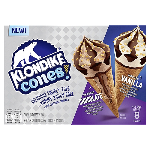 Klondike Frozen Dairy Dessert Cone Nuts For Vanilla & Classic Chocolate 3.75 fl oz, 8 Count