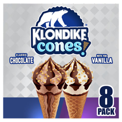 Klondike Frozen Dairy Dessert Cone Nuts For Vanilla & Classic Chocolate 30 fl oz, 8 Count