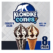 Klondike Frozen Dairy Dessert Cone Cookies 'N Cream & Nuts for Vanilla 3.75 fl oz, 8 Count