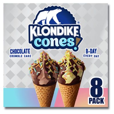 Klondike B-Day Every Day & Chocolate Crumble Cake Frozen Dairy Dessert Cones, 3.75 fl oz, 8 Count, 30 Fluid ounce