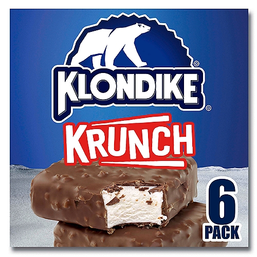 Klondike Frozen Dairy Dessert Bars Krunch 4.5 fl oz, 6 Count
Every Krunch sounds as good as it tastes. Klondike Krunch Frozen Dairy Dessert Bars 6ct are coated in our classic milk-chocolate shell for the delight of ice cream lovers everywhere. Classic vanilla frozen treat covered in our irresistible chocolatey coating, then generously speckled with crispy, crunchy puffed rice. If the Krunch Bar were a karate move, the move would be called: “The Krunch,'' and it would entail gently placing one of these chocolate-coated ninja treats directly into your opponent's mouth. Hiya! You know it's a Klondike frozen dessert when you open that silver foil, and hear the “crack'' as you bite into its chocolatey shell, which holds in all of that delicious, ice-creamy goodness. This piece of stickless, bowl-and-spoonless perfection lets you enjoy the wonderful wonders of a simple dessert anytime, anywhere. Take the time to treat yourself. We know that life isn't always as easy as it should be, so reward yourself for doing that thing you just did. Klondike supports you! You can have Klondike Bars as a frozen snack, a treat, to relax, or just to give your mouth some sweet satisfaction. Try Klondike Bars in 8 flavors, including our Original Bar made with vanilla ice cream, for unlimited deliciousness. They are all chocolate coated with milk and cream from American cows that are not treated with artificial growth hormones. Be sure to try Klondike's other mouth-watering frozen treats, like the delicious Cookies & Creme Sandwich, perfect for cookies and cream ice cream lovers.

Frozen Vanilla Dairy Dessert Bar with Milk Chocolatey Coating and Crispy Rice Pieces