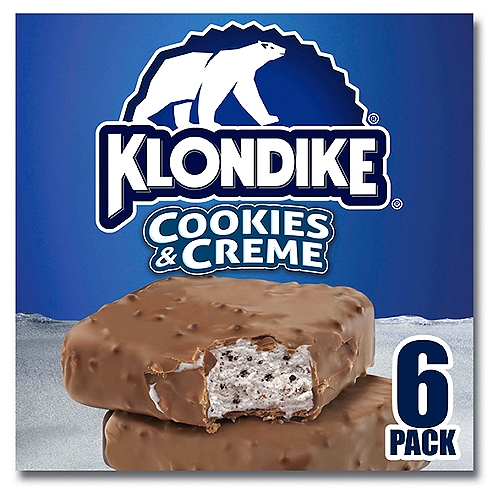 Klondike Frozen Dairy Dessert Bars Cookies & Creme 4 fl oz, 6 Count
Here's another delicious way to eat cookies and cream. To make Klondike Cookies and Creme Frozen Dairy Dessert Bars, we take our creamy vanilla dessert and mix in crunchy cookie pieces. Then, we take that creamy cookie and creme dessert and wrap in a thick chocolatey coating. Now, you don't have to choose between having a frozen dessert or eating a chocolate-flavored cookie because you can have both in this perfect frozen dessert. Each Klondike Cookies & Creme Bar features a blanket of milk-chocolatey coating and cookie crumbs enveloping a slab of vanilla blended with cookie pieces.

Take the time to treat yourself with this simple dessert. We know that life isn't always as easy as it should be, so reward yourself for doing that thing you just did. Klondike supports you! You can enjoy a Klondike Cookies and Creme Frozen Dessert Bar as a snack or as a treat to help you relax.

Discover your favorite Klondike frozen easy dessert treat; there are 14 flavors for unlimited deliciousness. Each product is perfectly crafted to bring you a delicious combination of classic flavors you already love. Klondike frozen dessert bars are a certified kosher dairy product by KOF-K Kosher Supervision, one of the world's leading certification and supervision agencies.

Frozen Vanilla Dairy Dessert Bar with Cookie Bits in a Milk Chocolatey Coating with Cookie Bits Naturally and Artificially Flavored