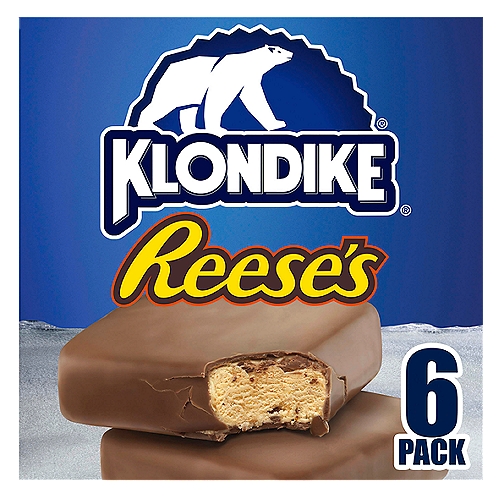 Klondike Frozen Dairy Dessert Bars Reese's 4 fl oz, 6 Count
Reese's peanut butter cups join forces with Klondike bars to create the perfect frozen snack for peanut butter ice cream lovers.

Klondike Reese's frozen dairy dessert bars 6 ct have Reese's peanut butter flavor with Reese's Peanut Butter cup chunks, coated in our famous milk-chocolate flavored coating. All the peanut butter deliciousness you would expect from Reese's, now in a tasty frozen treat.

You know that it's a Klondike frozen dessert bar when you open that silver foil and hear the “crack'' as you bite into its chocolatey shell, which holds in all of that delicious goodness. This piece of stickless, bowl-and-spoonless perfection lets you enjoy the wonderful wonders of a simple dessert anytime, anywhere. 

Take the time to treat yourself with this frozen dairy dessert. We know that life isn't always as easy as it should be, so reward yourself for doing that thing you just did. Klondike supports you! You can have Reese's Klondikes as a frozen snack, as a treat, to relax, or just have it to give your mouth some sweet satisfaction.

Try Klondike frozen dairy dessert bars in 8 flavors, including our Original Bar made with vanilla ice cream, and our Reese's Mini Bars for unlimited deliciousness. They are all chocolatey, coated with milk and cream from American cows that are not treated with artificial growth hormones.
