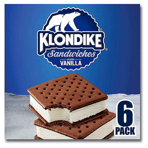 Klondike Ice Cream Sandwiches Vanilla 4.23 fl oz, 6 Count
The Klondike Classic Vanilla Ice Cream sandwich & frozen dessert is the perfect creation of a creamy vanilla ice cream sandwiched between two rich chocolate wafers. It's simple, classic perfection that reminds you of the traditional vanilla ice cream sandwich you grew up loving. One bite, and you'll be back in your summer memories of long, warm days, hanging out with family and friends, eating barbecue, and finishing off with a classic treat. The Klondike Ice Cream Sandwich is the ideal choice for any chocolate/vanilla craving, and it'll never disappoint. If every sandwich tasted this incredible, figuring out what to have for lunch would be a lot easier.

Take the time to treat yourself with this simple dessert and frozen treat. We know that life isn't always as easy as it should be, so reward yourself for doing that thing you just did. Klondike supports you! You can enjoy a Klondike Classic Vanilla Frozen Dessert Sandwich as a snack or as a treat to help you relax. 

Discover your favorite Klondike frozen sandwich; there are three flavors for unlimited deliciousness. Each product is perfectly crafted to bring you a delicious combination of classic flavors you already love. Every Klondike Classic Vanilla Ice Cream Sandwich is made with high-quality milk and cream. Klondike Frozen Dessert Sandwiches are certified as a kosher ice cream product by KOF-K Kosher Supervision, one of the world's leading certification and supervision agencies.

Artificially Flavored Vanilla Light* Ice Cream Between Two Chocolate Wafers
*The Portion of Light Ice Cream in this Bar Has 65% Less Fat and 35% Fewer Calories than a Similar Portion of a Range of Full-Fat Ice Cream.

The Portion of Light Ice Cream in this Product Has 100 Calories, 3g Fat. A Similar Portion of a Range of Full-Fat Ice Cream Has an Average of 150 Calories, 9g Fat.

No artificial growth hormones† used on cows
†The FDA States that No Significant Difference Has Been Shown Between Dairy Derived from rBST-Treated and Non-rBST-Treated Cows.