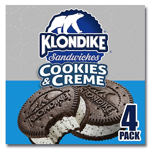 Klondike Frozen Dairy Dessert Sandwiches Cookies and Creme 4 fl oz, 4 Count
Here's another delicious way to eat cookies and cream. To make Klondike Cookies and Creme Frozen Dairy Dessert Sandwiches, we take our creamy vanilla dessert and mix in crunchy cookie pieces. Then, we take that creamy cookie and creme dessert and sandwich it between two big chocolate wafers, bringing together two of your favorite snacks in one ultimate sandwich. Now, you don't have to choose between having a frozen dessert or eating a chocolate-flavored cookie because you can have both in this perfect frozen dessert. If every sandwich tasted this incredible, figuring out what to have for lunch would be a lot easier. It's every ice cream lover's dream come true!

Take the time to treat yourself with this simple dessert. We know that life isn't always as easy as it should be, so reward yourself for doing that thing you just did. Klondike supports you! You can enjoy a Klondike Cookies and Creme Frozen Dessert Sandwich as a snack or as a treat to help you relax.

Discover your favorite Klondike Frozen Dessert Sandwich; there are three flavors for unlimited deliciousness. Each product is perfectly crafted to bring you a delicious combination of classic flavors you already love. Klondike frozen dessert sandwiches are certified as a kosher dairy product by KOF-K Kosher Supervision, one of the world's leading certification and supervision agencies.

Frozen Vanilla Dairy Dessert Sandwich with Cookies Bits Between Two Dark Chocolate Cookies

No artificial growth hormones† used on cows
†Suppliers of Other Ingredients Such as Cookies Candies & Sauces May Not Be Able to Make this Claim. The FDA States that No Significant Difference has Been Shown Between Dairy Derived from rBST-Treated and Non-rBST-Treated Cows