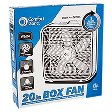 Comfort Zone Box Fan, White 20 in, 1 Each