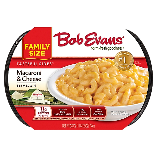 Bob Evans Tasteful Sides Macaroni & Cheese Family Size, 28 oz
America's #1 refrigerated Macaroni & Cheese*
*Source: IRI Scan Sales Data Total U.S. 52 Weeks Ending September 8, 2019