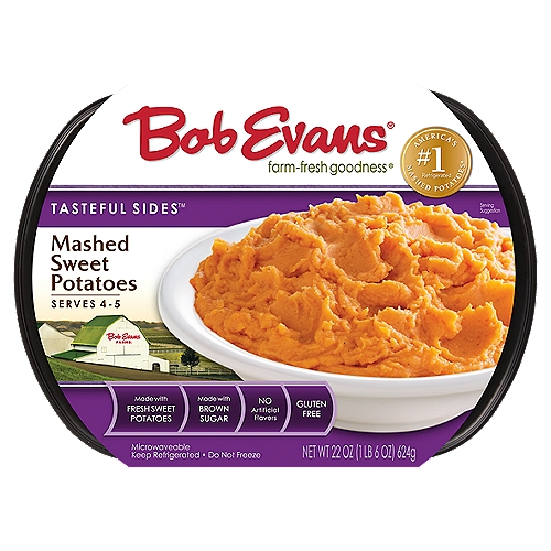Bob Evans Tasteful Sides Mashed Sweet Potatoes, 22 oz
America's #1 refrigerated Mashed Potatoes*
*Source: IRI Scan Sales Data Total U.S. 52 Weeks Ending December 1, 2019