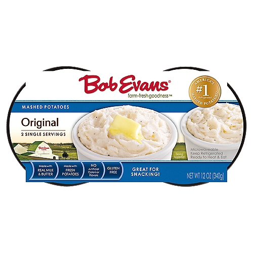 Bob Evans Original Mashed Potatoes, 2 count, 12 oz
America's #1 refrigerated Mashed Potatoes*
*Source: IRI Scan Sales Data Total U.S. 52 Weeks Ending November 4, 2018