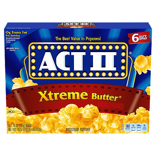 Act II Xtreme Butter Microwave Popcorn, 2.75 oz, 6 count
Extreme butter lovers know there's no such thing as too much butter, so purchase a 6-count box of ACT II Xtreme Butter Popcorn for a warm, savory treat. Every bag is made with 100% whole grain popcorn kernels, 0 grams of trans fat and high-impact butter flavor. Serve this extra buttery microwave popcorn at your next party or gathering, or keep that buttery goodness all to yourself. Choose ACT II Extreme Butter Popcorn for the best value in popcorn.