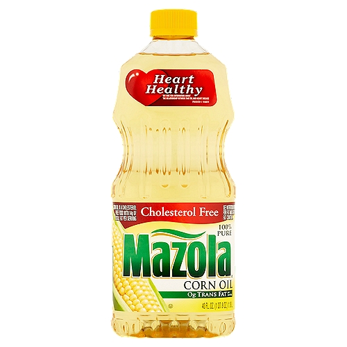 Mazola 100% Pure Corn Oil, 40 fl oz
Corn oil is a cholesterol free food with 14g of total fat per serving

Very limited and preliminary scientific evidence suggests that eating about 1 tbsp (16 grams) of corn oil daily may reduce the risk of heart disease due to the unsaturated fat content in corn oil. FDA concludes there is little scientific evidence supporting this claim. To achieve this possible benefit, corn oil is to replace a similar amount of saturated fat and not increase the total number of calories you eat in a day. One serving of this product contains 14 grams of corn oil.