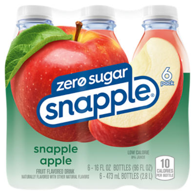 Snapple Apple Zero Sugar Flavored Juice Drink, 16 fl oz recycled plastic bottles, 6 pack