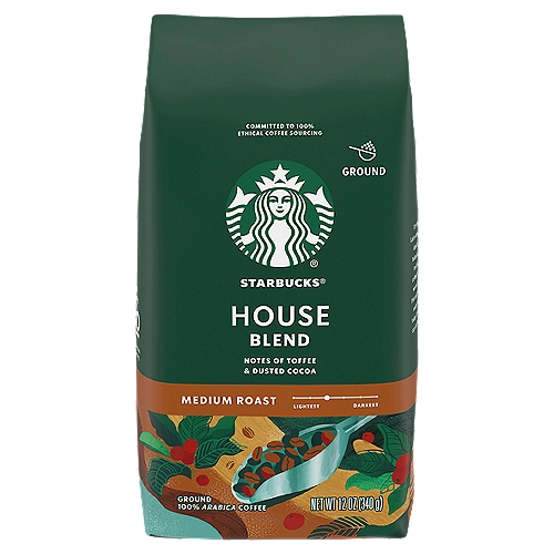 STARBUCK HOUSE GD, 12 oz
Starbucks House Blend Medium Roast Ground Coffee

100% Arabica Coffee

The Story of House Blend
It's deceptively simple. A blend of fine Latin American beans roasted to a glistening, dark chestnut color. Loaded with flavor, balancing tastes of nut and cocoa, just a touch of sweetness from the roast. This coffee is our beginning, the very first blend we ever created for you back in 1971. And this one blend set the course for the way our master blenders and roasters work even today. A true reflection of us and a delicious cup of coffee, period. It all starts from here.