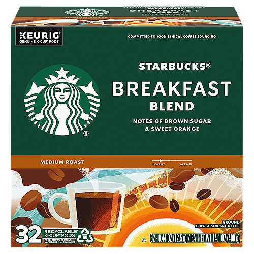 Starbucks Breakfast Blend Medium Roast Ground Coffee K-Cup Pods, 0.44 oz, 32 count