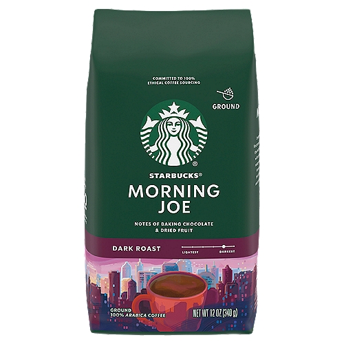 STARBUCK DRK MRNG JOE, 12 oz
100% Arabica Coffee

The Story of Morning Joe
Some like to start their day with something subtle. Others prefer something more stout. This coffee is for the latter. Big, rich, bold and syrupy—we created it to honor the opening of our first stores in Chicago, calling it Gold Coast Blend® for the town's famous neighborhood. And now it's become a morning favorite far beyond the second city. Our master coffee blenders brought together the heft of beans from Indonesia and balanced coffees from Latin America, mixing in a bit of roasty sweetness from our dark Italian Roast. Creating a cup of Joe that's full-bodied, intense and perfect for the beginning of the day or anytime it feels like morning.