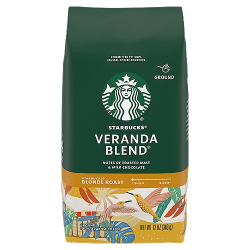 STARBUCK VERANDA BLND, 12 oz
Blend Blonde Roast Ground 100% Arabica Coffee

The Starbucks® Roast
Each coffee requires a slightly different roast to reach its peak of aroma, acidity, body and flavor. We classify our coffees in three roast profiles, so finding your favorite is easy.

The Story of Veranda Blend®
In Latin America, coffee farms are often run by families, with their own homes on the same land where their coffee grows. We've sipped coffee with these farmers for decades, sitting on their verandas, overlooking the lush beauty of the coffee trees rolling out in the distance. Most times it was a lightly roasted coffee like this one. It took us more than 80 tries to get it right-mellow and flavorful.