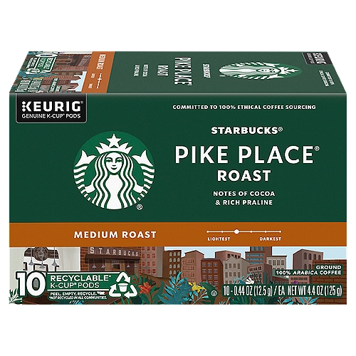 The Story of Pike Place® RoastnNamed for our first store in Seattle's Pike Place Market, this coffee is served fresh every day in Starbucks cafés around the world. A smooth, well-rounded blend of Latin American beans with subtly rich flavors of cocoa and praline, it's the perfect brewed coffee-a consistently delicious cup you can really look forward to. Enjoy the spirit of Pike Place in every sip.