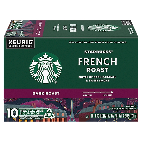 STARBUCK KCUP FRENCH, 4.2 oz, 10 count
100% Arabica Coffee.

The Story of French Roast
Muted with oil, the tumbling beans become eerily silent. A master roaster watches, knowing that if he pushes them a second too long, they'll burst into flame. White smoke hangs down as the glistening beans turn ebony. This is French Roast, and you can't roast it darker. Straightforward, light-bodied with low acidity, and immensely popular since 1971, our darkest roast is adored for its intense smokiness.

Tasting Notes
Intense & Smoky
Smoky and singular, the pure, explosive flavor of our darkest roast.