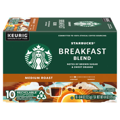 Starbucks Breakfast Blend Medium Roast Ground Coffee K-Cup Pods, 0.44 oz, 10 count