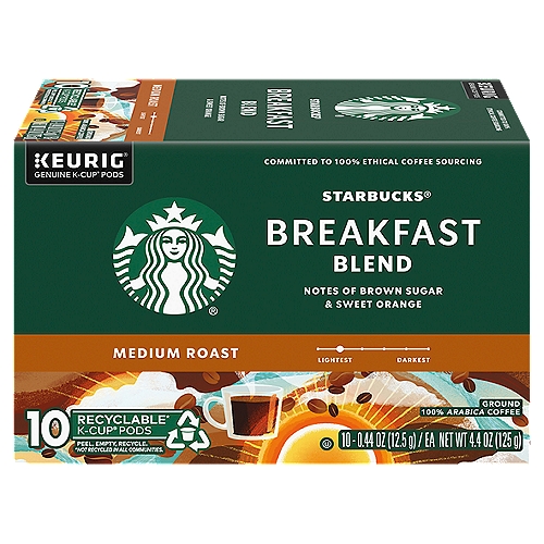 STARBUCK KCUP BRKFST, 4.4 oz
Starbucks Breakfast Blend Sweet Orange & Brown Sugar Medium Roast Ground Coffee

100% arabica coffee.

Tasting Notes
Sweet Orange & Brown Sugar
A lively and lighter roast.
Each coffee requires a slightly different roast to reach its peak of aroma, acidity, body and flavor. We classify our coffees in three roast profiles, so finding your favorite is easy.

The Story Breakfast Blend
We introduced this blend in 1998 for those who prefer a milder cup. A shade lighter than most of our offerings—more toasty than roasty—it was the result of playing with roast and taste profile together for a flavor that appealed to a wider range of palates. Perfect if you want to wake up to a less intense coffee but still want a lot of character, it's light and lively with a soft sweetness.

Starbucks® Rewards
Earn Stars with your receipt on any qualifying purchase. Visit starbucks-stars.com for details
