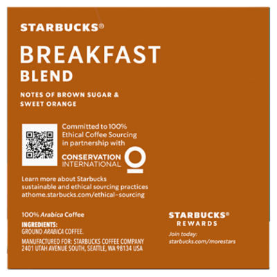 Starbucks Coffee, Ground, Medium Roast, Breakfast Blend, K-Cup Pods - 22 pack, 0.44 oz pods